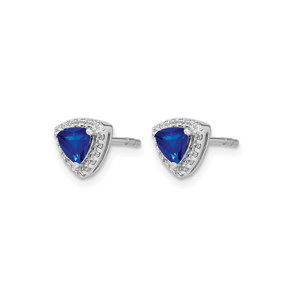14k White Gold Stud Earrings with Trillion Cut Blue Sapphire and Diamond Halo