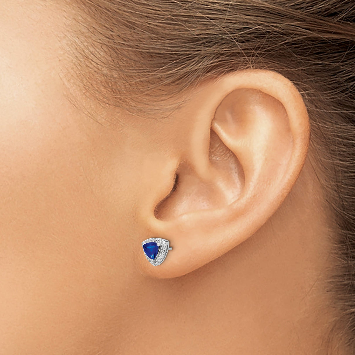 14k White Gold Stud Earrings with Trillion Cut Blue Sapphire and Diamond Halo