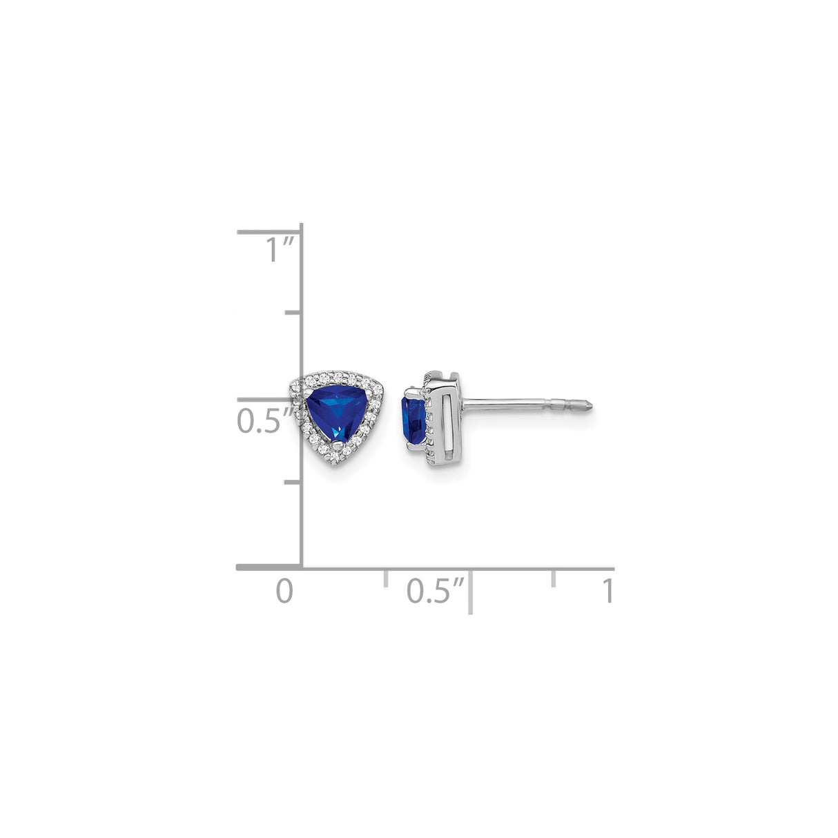14k White Gold Stud Earrings with Trillion Cut Blue Sapphire and Diamond Halo