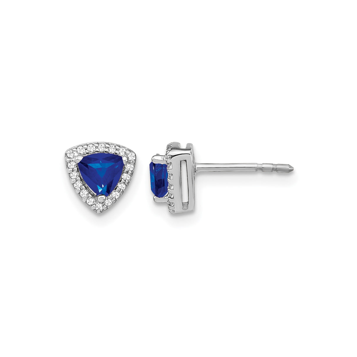 14k White Gold Stud Earrings with Trillion Cut Blue Sapphire and Diamond Halo