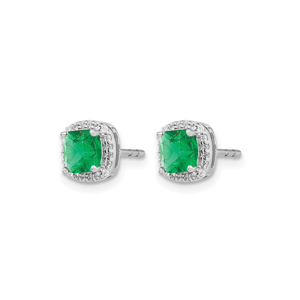 14k White Gold Emerald and Diamond Halo Stud Earrings, Cushion Cut Design for Women