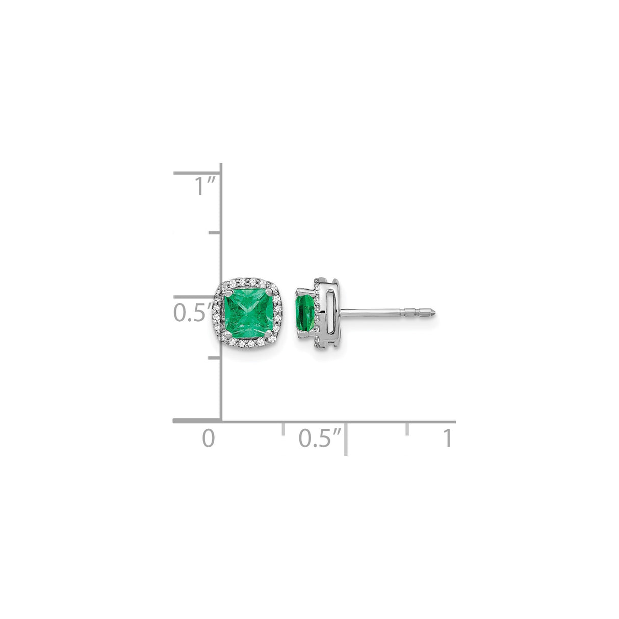 14k White Gold Emerald and Diamond Halo Stud Earrings, Cushion Cut Design for Women