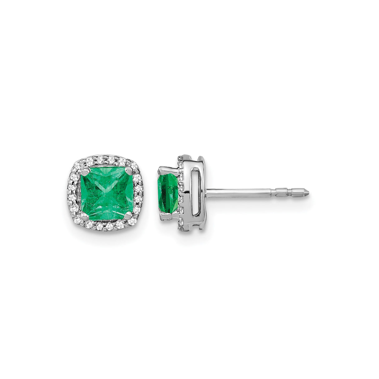14k White Gold Emerald and Diamond Halo Stud Earrings, Cushion Cut Design for Women
