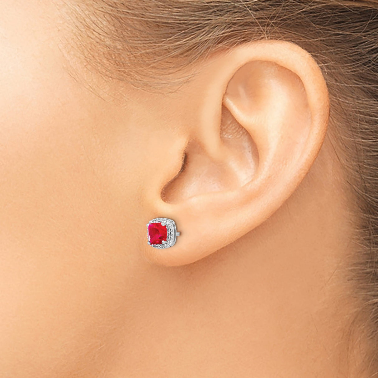 14k White Gold Ruby Stud Earrings with Diamond Halo Setting