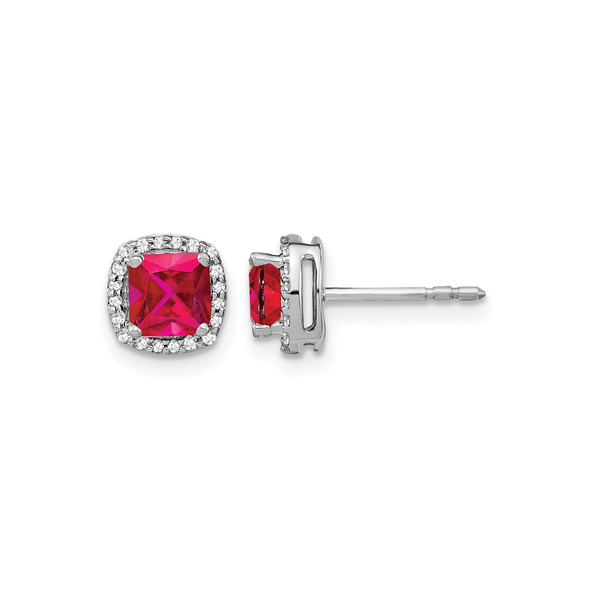 14k White Gold Ruby Stud Earrings with Diamond Halo Setting