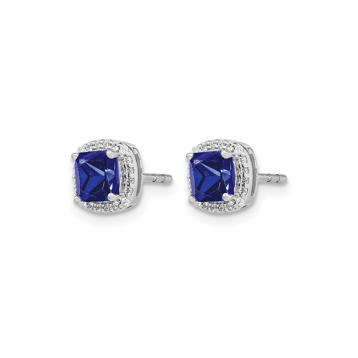 14k White Gold Stud Earrings with Cushion Cut Sapphire and Diamond Halo Accents