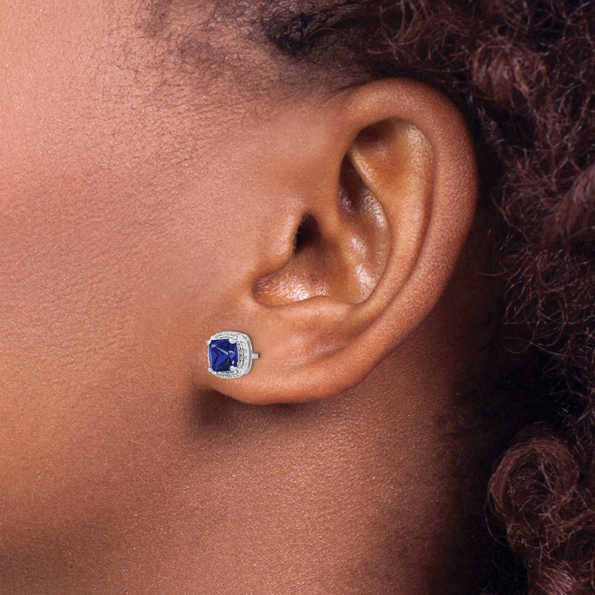 14k White Gold Stud Earrings with Cushion Cut Sapphire and Diamond Halo Accents