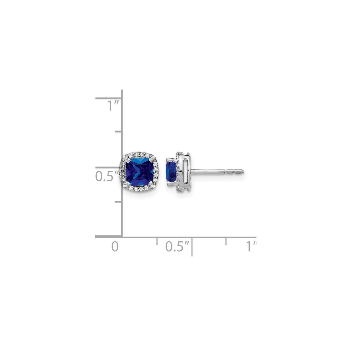 14k White Gold Stud Earrings with Cushion Cut Sapphire and Diamond Halo Accents