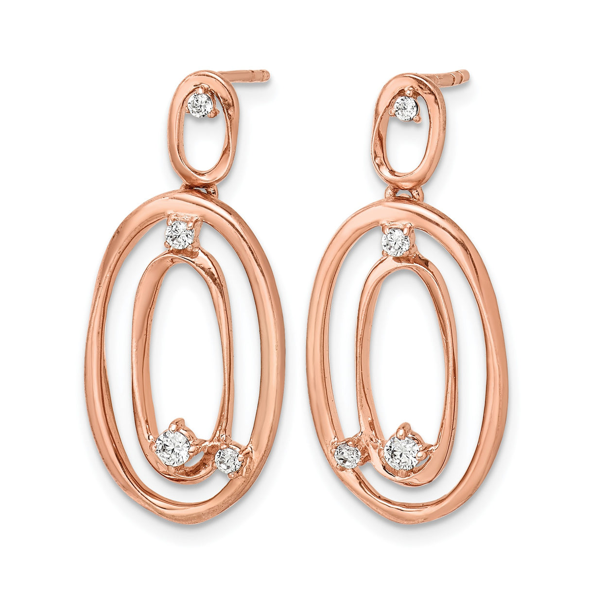 14k Rose Gold Dangle Earrings with Diamond Accents, Open Oval Link Design, Asymmetrical Loops