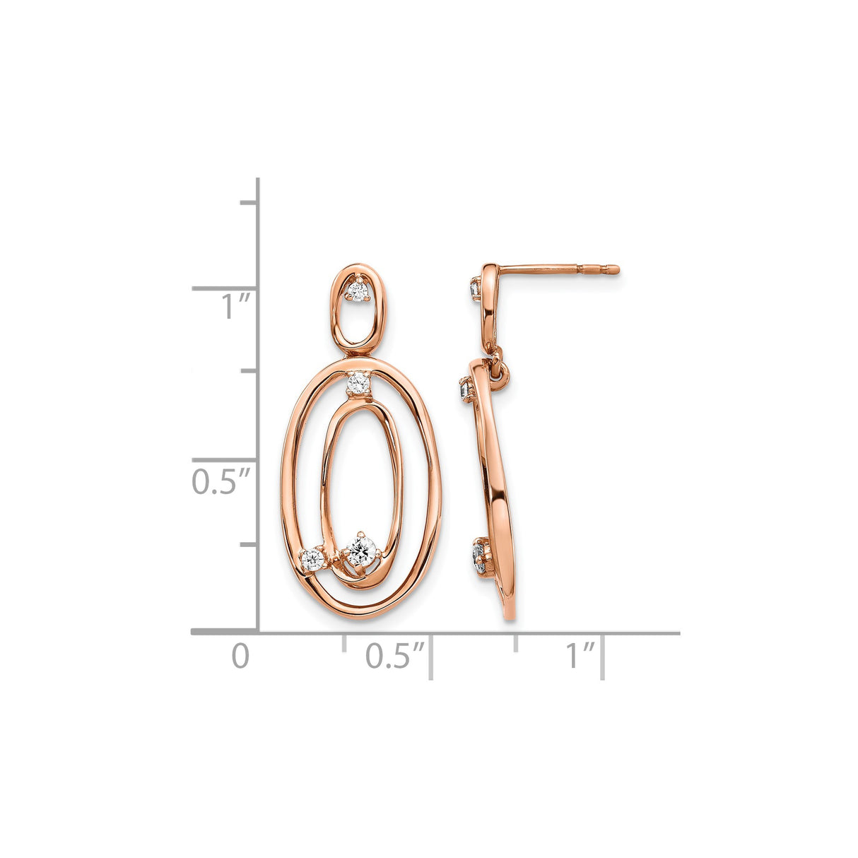 14k Rose Gold Dangle Earrings with Diamond Accents, Open Oval Link Design, Asymmetrical Loops