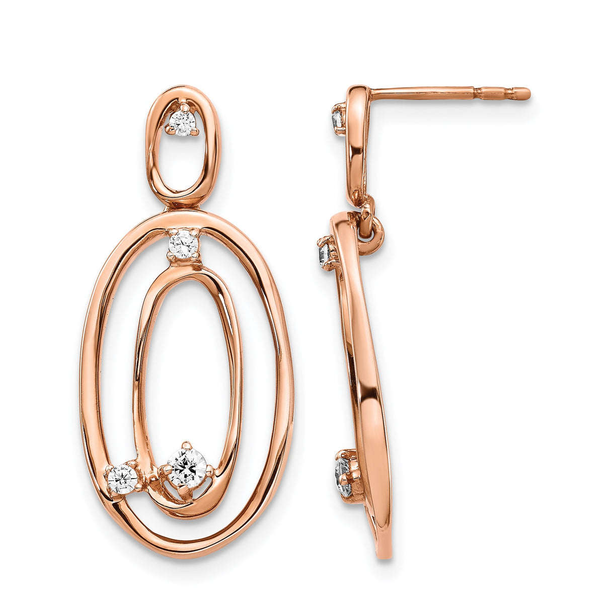 14k Rose Gold Dangle Earrings with Diamond Accents, Open Oval Link Design, Asymmetrical Loops