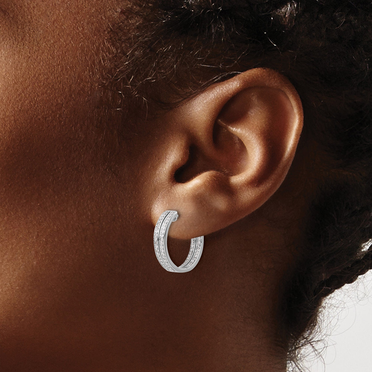 14k White Gold Diamond Hoop Earrings with Triple Row Pavé Setting, Classic Design for Women