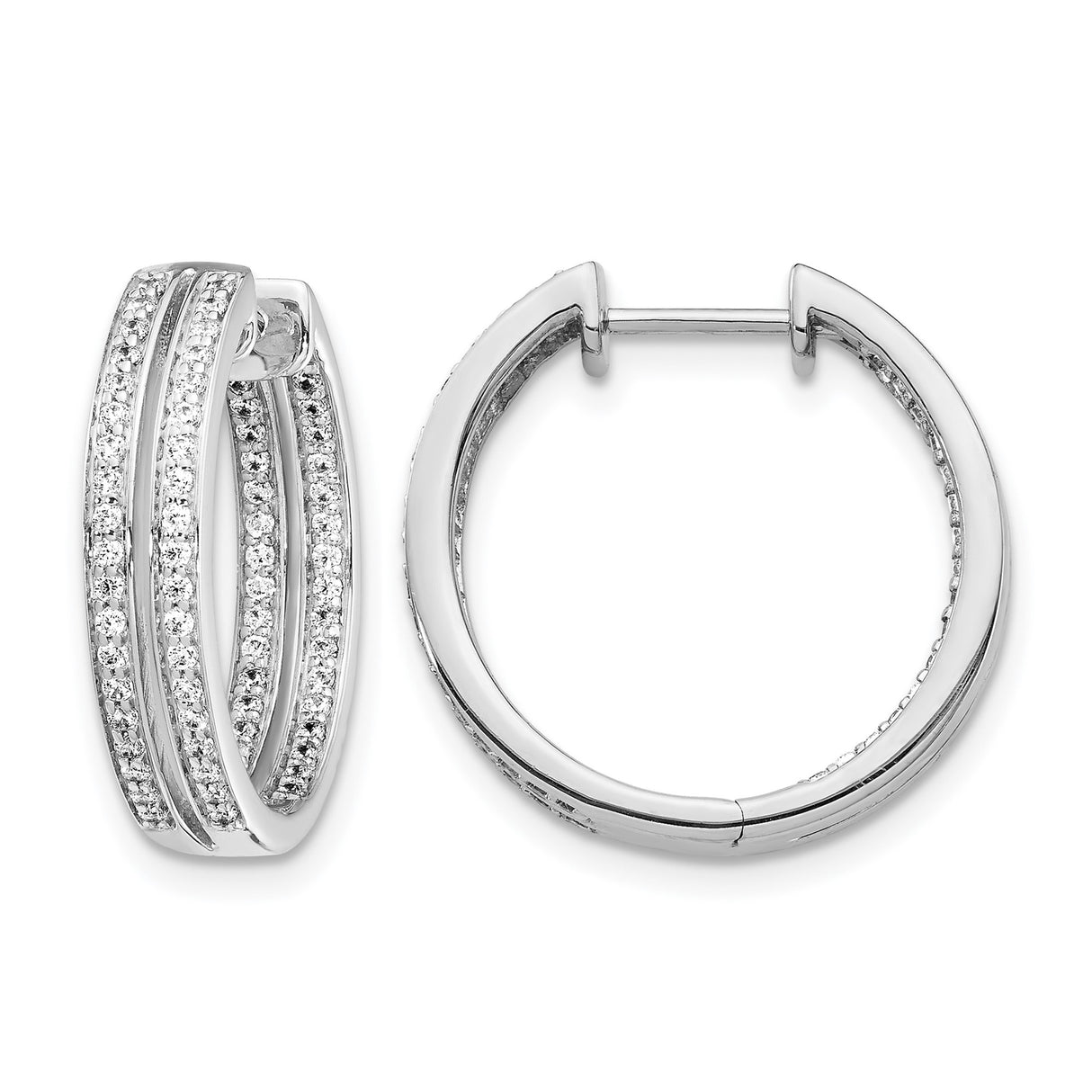 14k White Gold Diamond Hoop Earrings with Triple Row Pavé Setting, Classic Design for Women