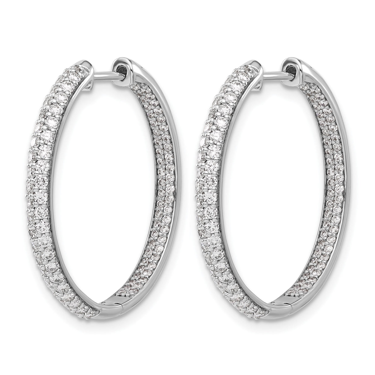 14k White Gold Hoop Earrings with Double Row Diamonds, Hinged Lightweight Design