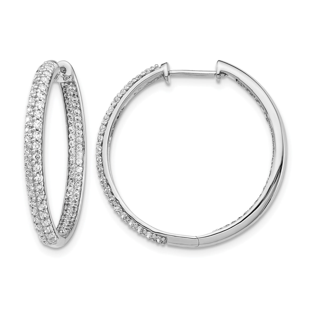 14k White Gold Hoop Earrings with Double Row Cubic Zirconia, Hinged Lightweight Design