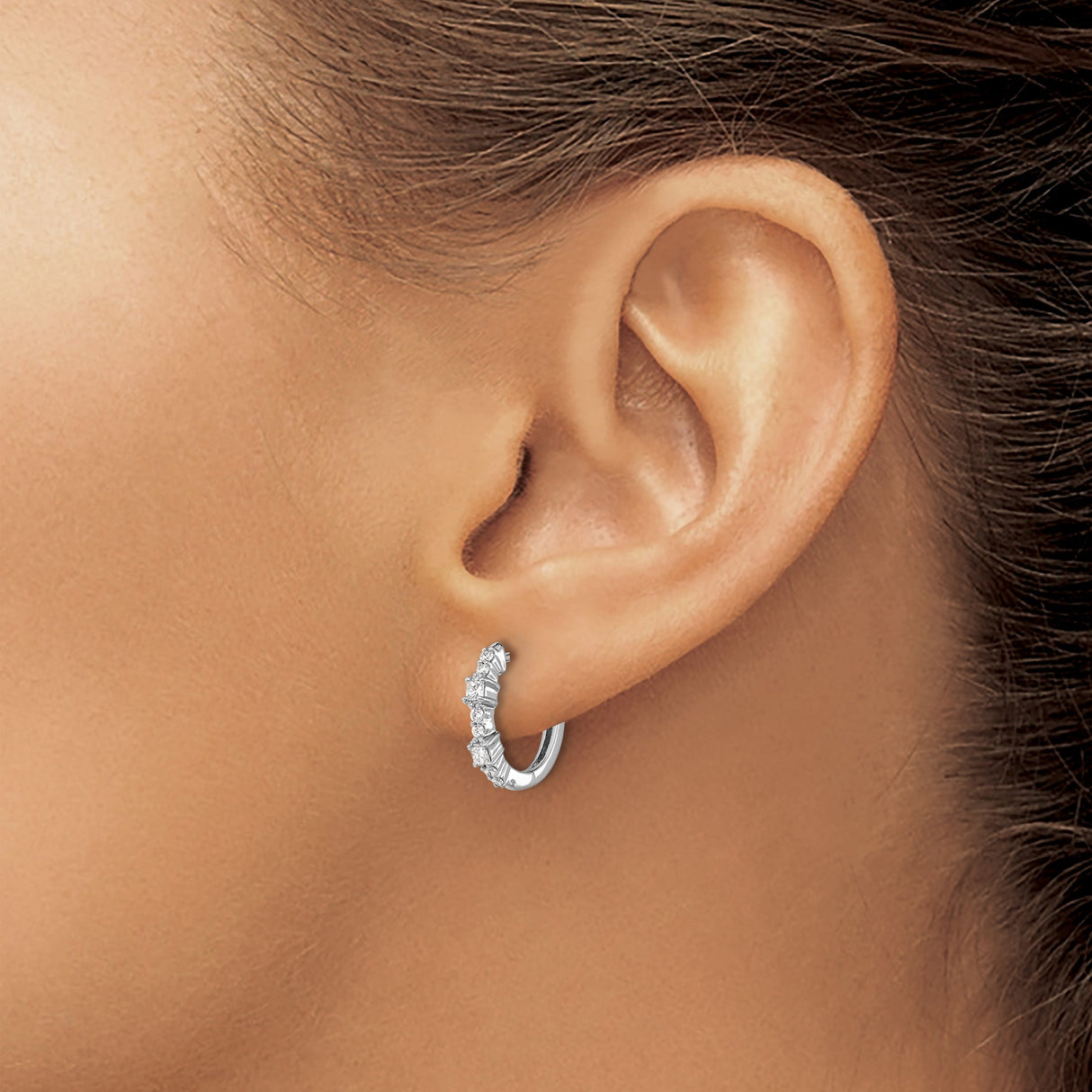 14k White Gold Hoop Earrings with Diamonds, Shared Prong Setting, Modern Design