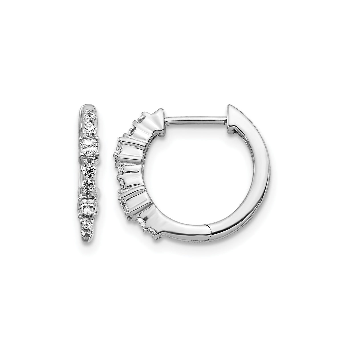 14k White Gold Hoop Earrings with Cubic Zirconia, Shared Prong Setting, Modern Design