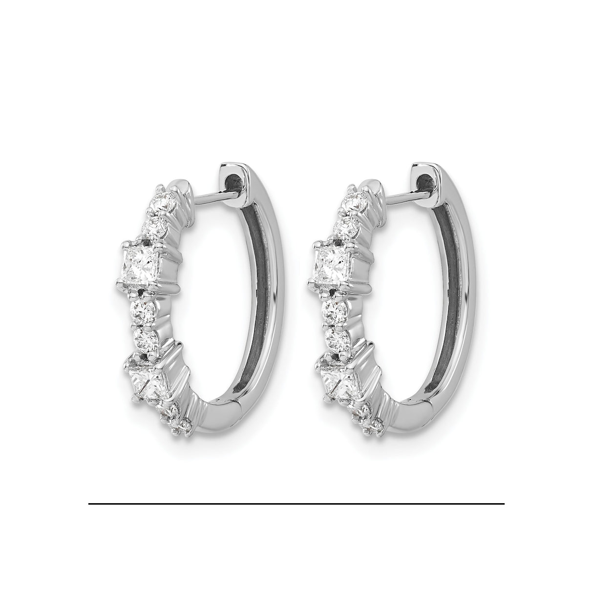 14k White Gold Hoop Earrings with Round and Baguette Diamonds, Polished Formal Style