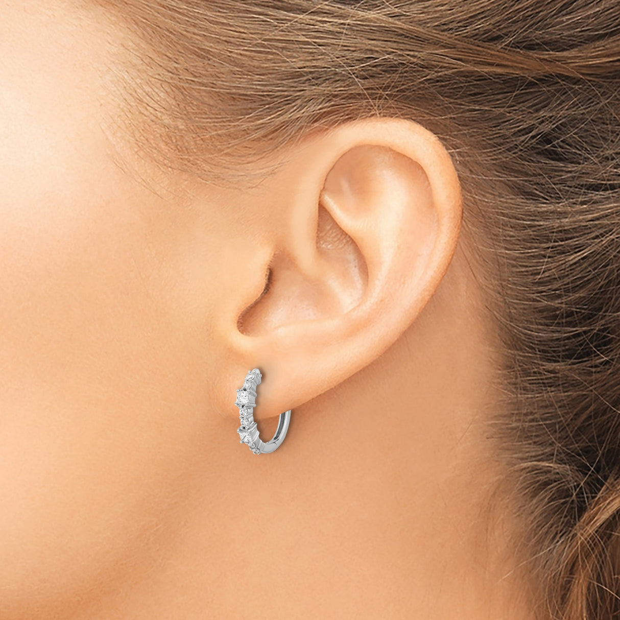 14k White Gold Hoop Earrings with Round and Baguette Diamonds, Polished Formal Style