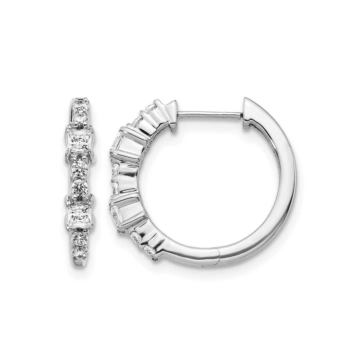 14k White Gold Hoop Earrings with Round and Baguette Cubic Zirconia, Polished Formal Style
