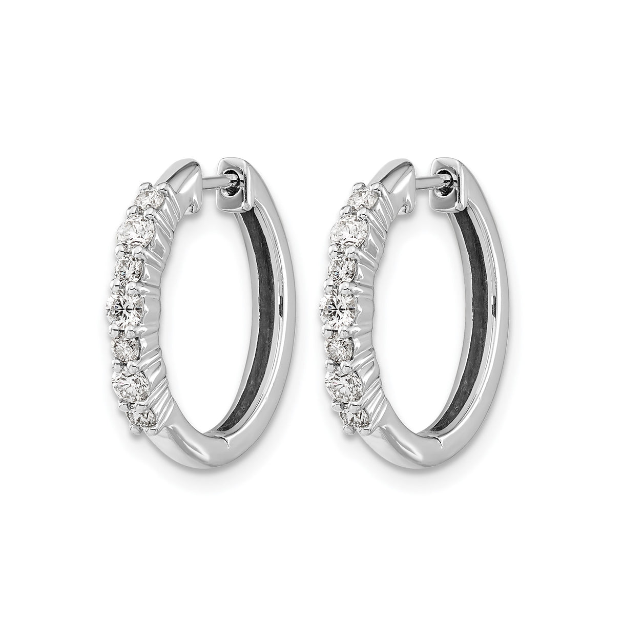 14k White Gold Hoop Earrings with Round Cut Diamonds, Diamond-Cut Front Facing Design for Women