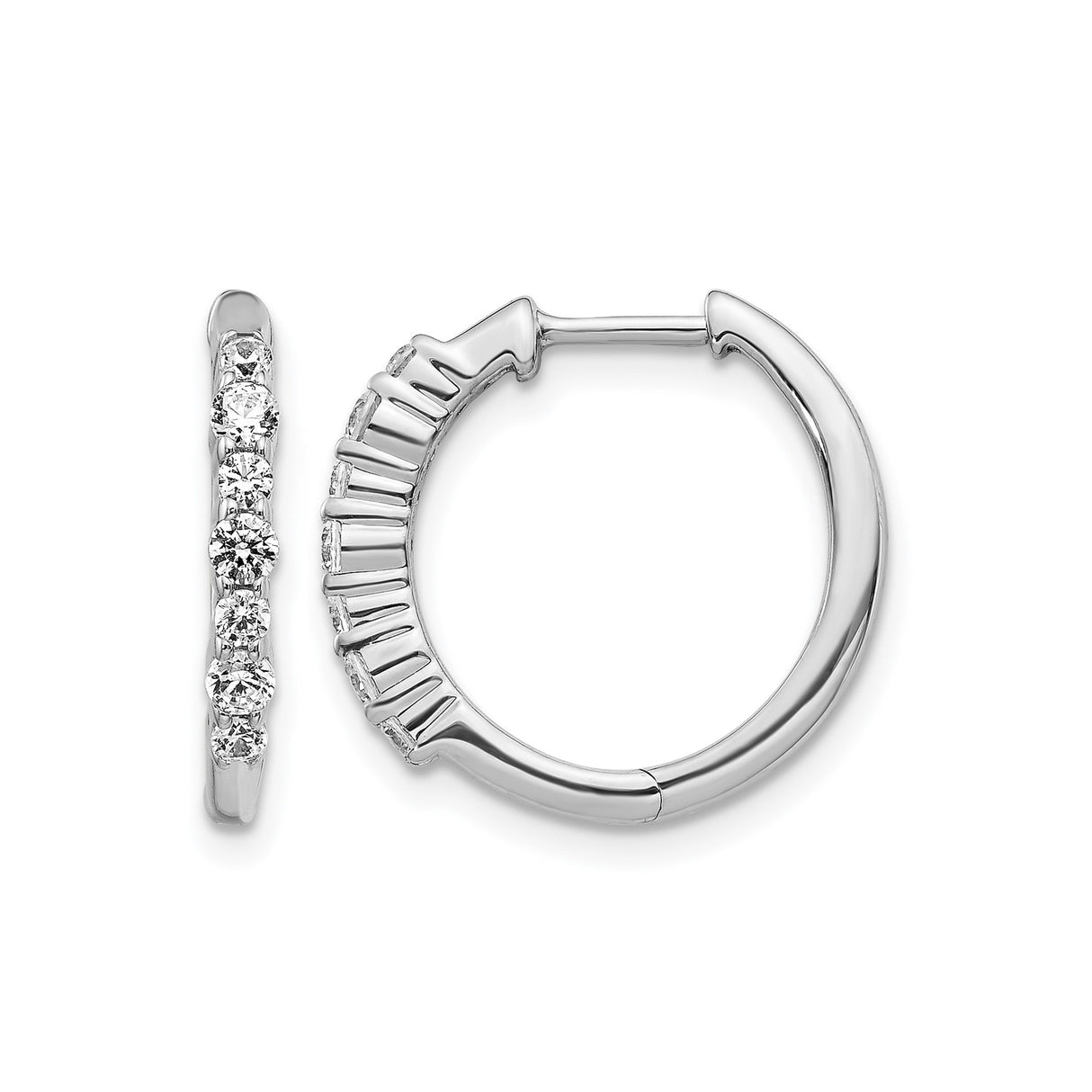 14k White Gold Hoop Earrings with Round Cut Diamonds, Diamond-Cut Front Facing Design for Women