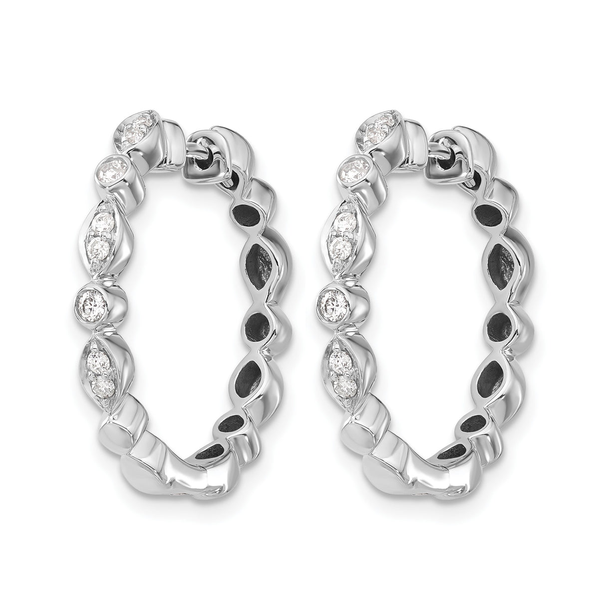 14k White Gold Hoop Earrings with Marquise and Round Bezel Diamonds, Textured Polished Finish