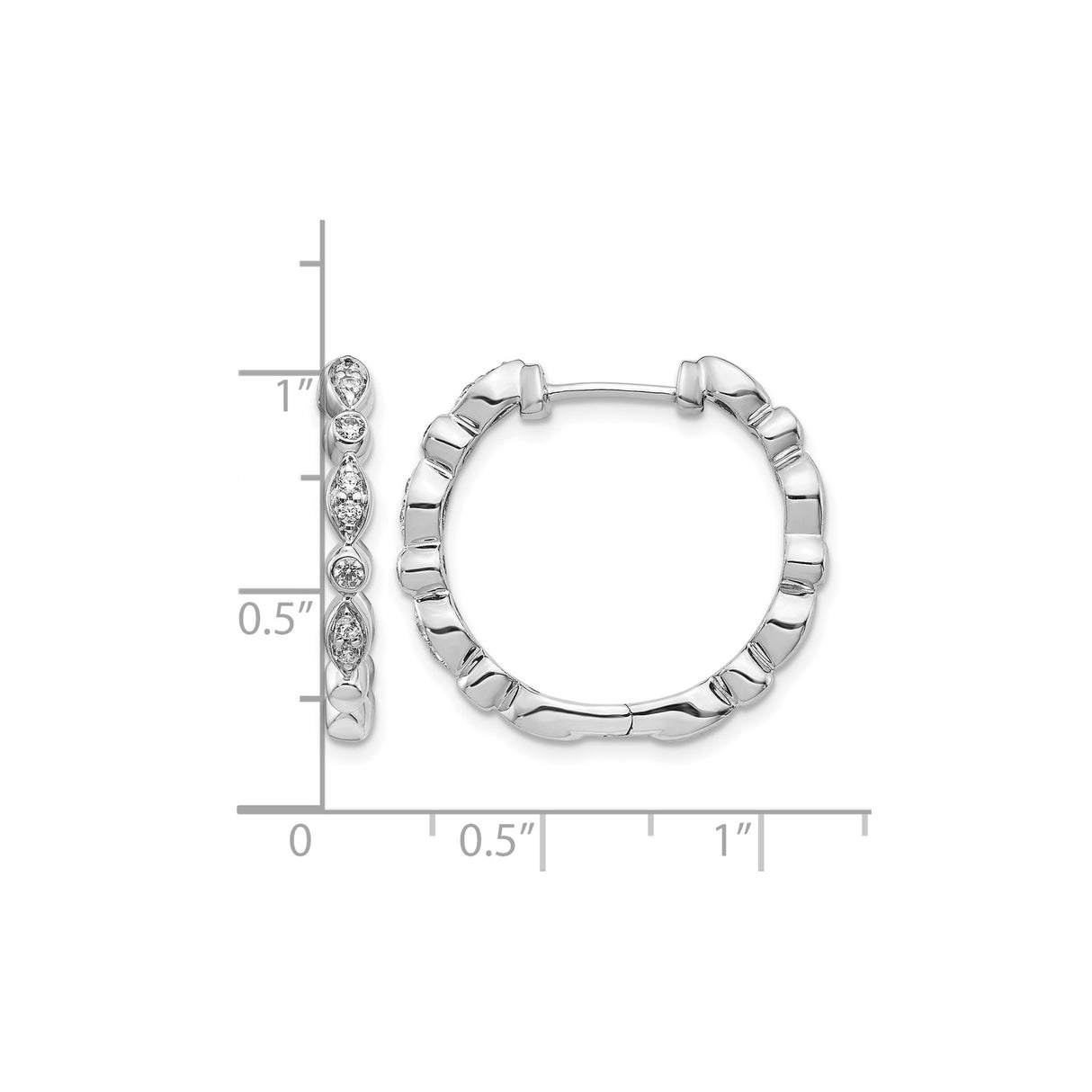 14k White Gold Hoop Earrings with Marquise and Round Bezel Diamonds, Textured Polished Finish