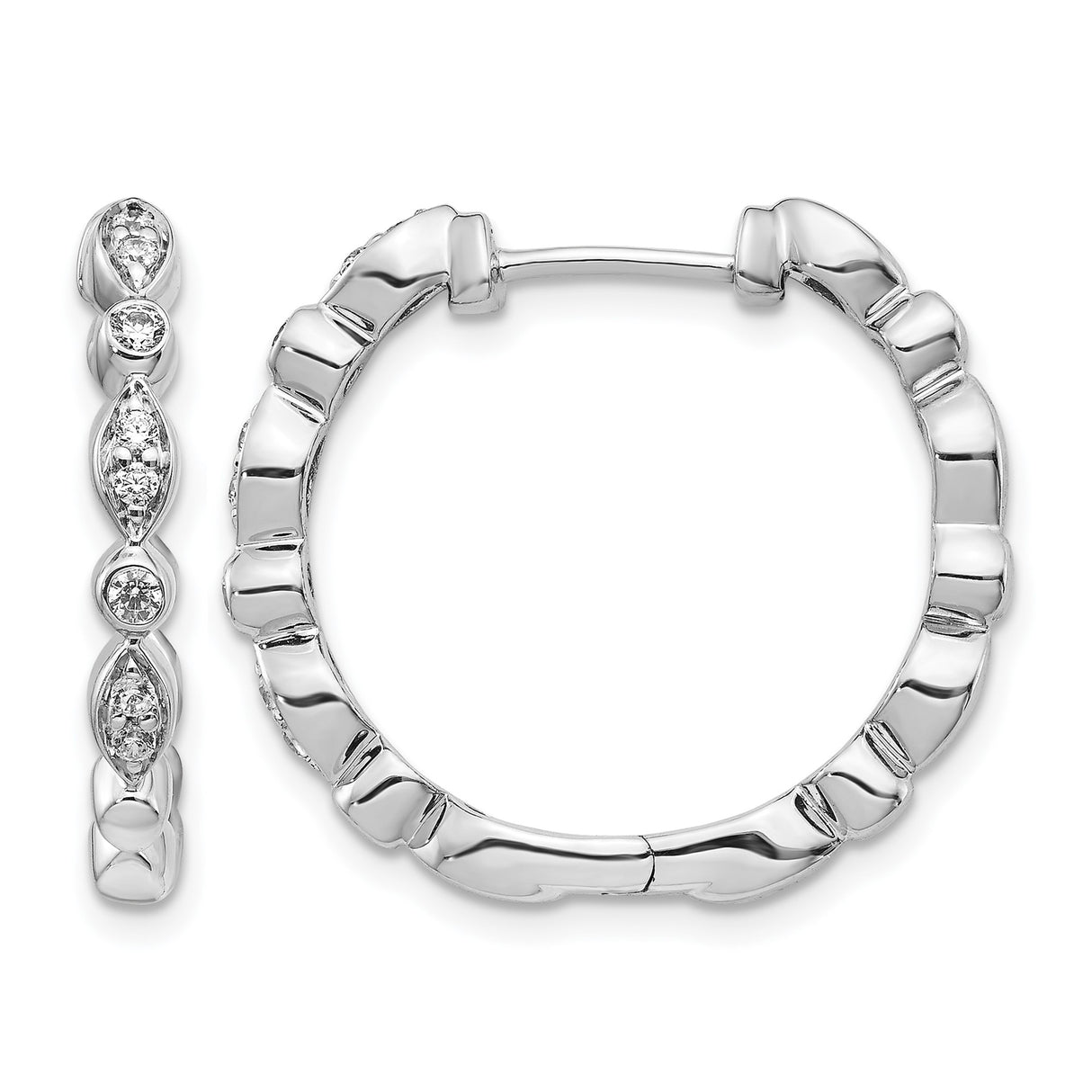 14k White Gold Hoop Earrings with Marquise and Round Bezel Diamonds, Textured Polished Finish