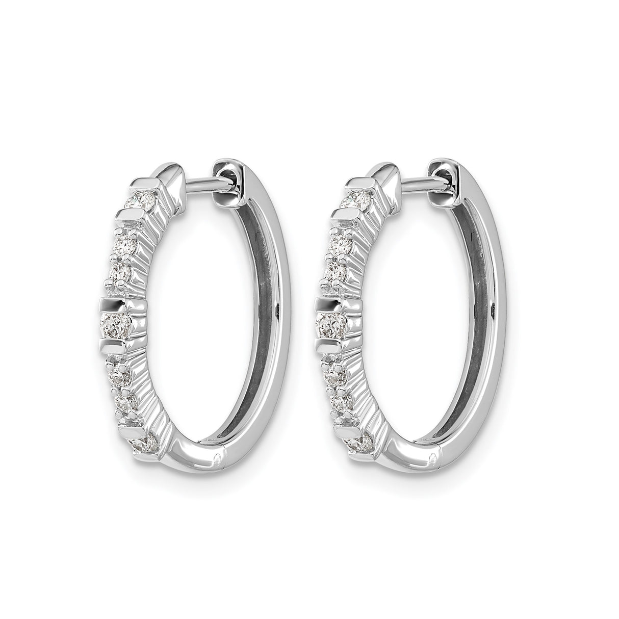 14k White Gold Huggie Hoop Earrings with Round Cut Diamonds, Polished Finish, Hinged Closure