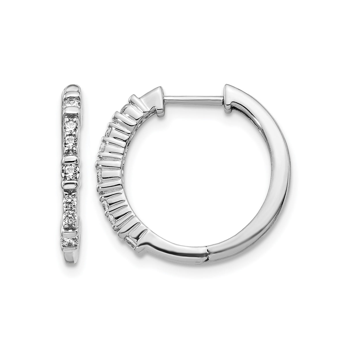 14k White Gold Huggie Hoop Earrings with Round Cut Diamonds, Polished Finish, Hinged Closure