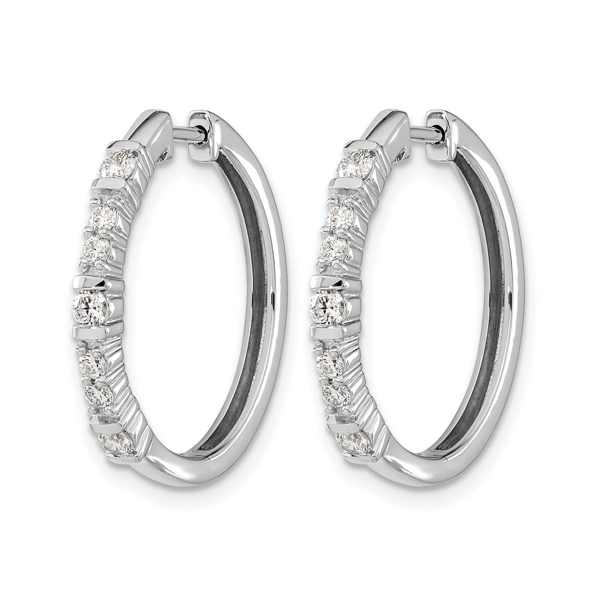 14k White Gold Hoop Earrings with Round Cut Diamonds in Shared Prong Setting