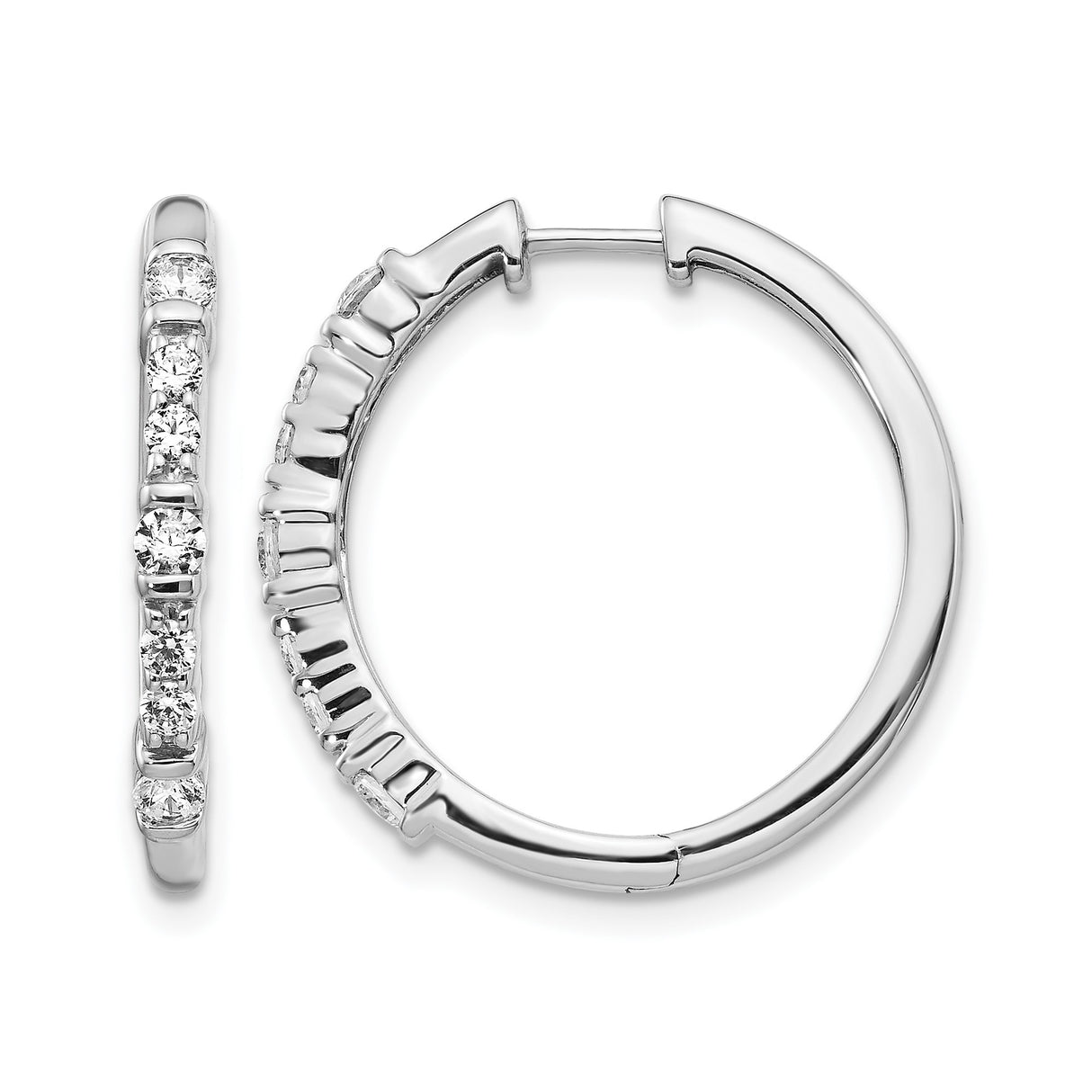 14k White Gold Hoop Earrings with Round Cut Diamonds in Shared Prong Setting