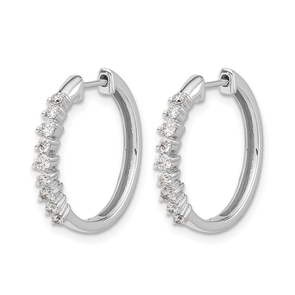14k White Gold Diamond Hoop Earrings with Round Cut Prong Set Diamonds, Classic Design