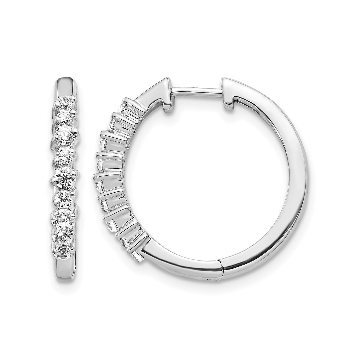 14k White Gold Diamond Hoop Earrings with Round Cut Prong Set Diamonds, Classic Design