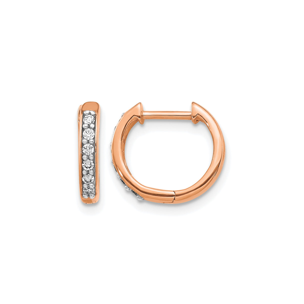14k Rose Gold Hoop Earrings with Channel Set Round Cut Diamonds, Modern Minimalist Style