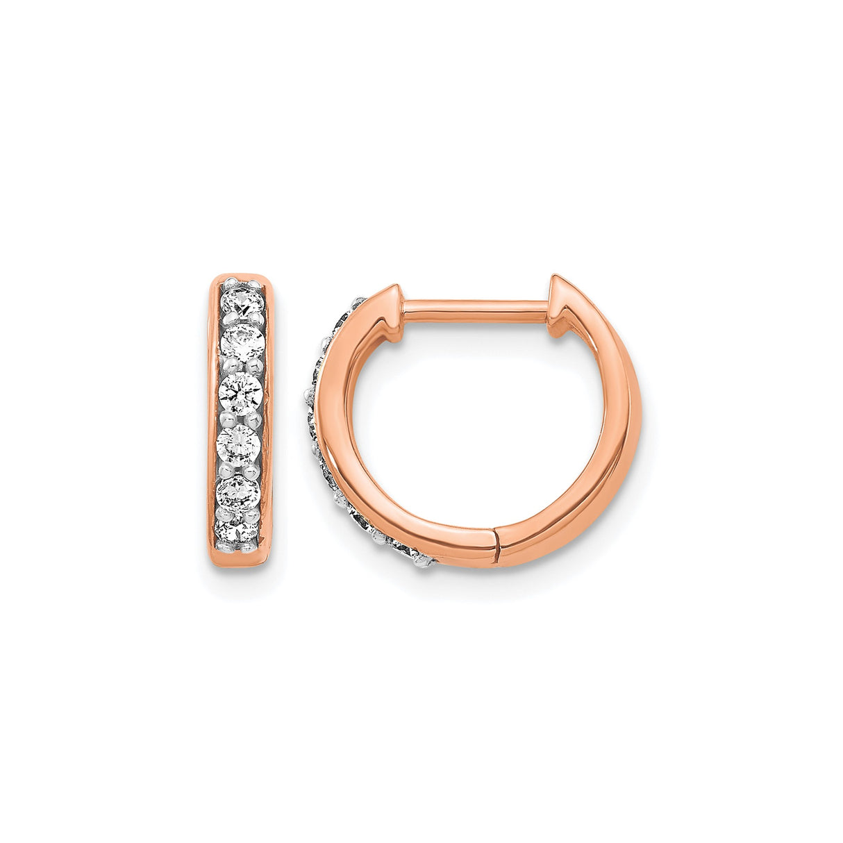 14k Rose Gold Diamond Huggie Hoop Earrings, Channel Set, High Polish, Hinged Closure