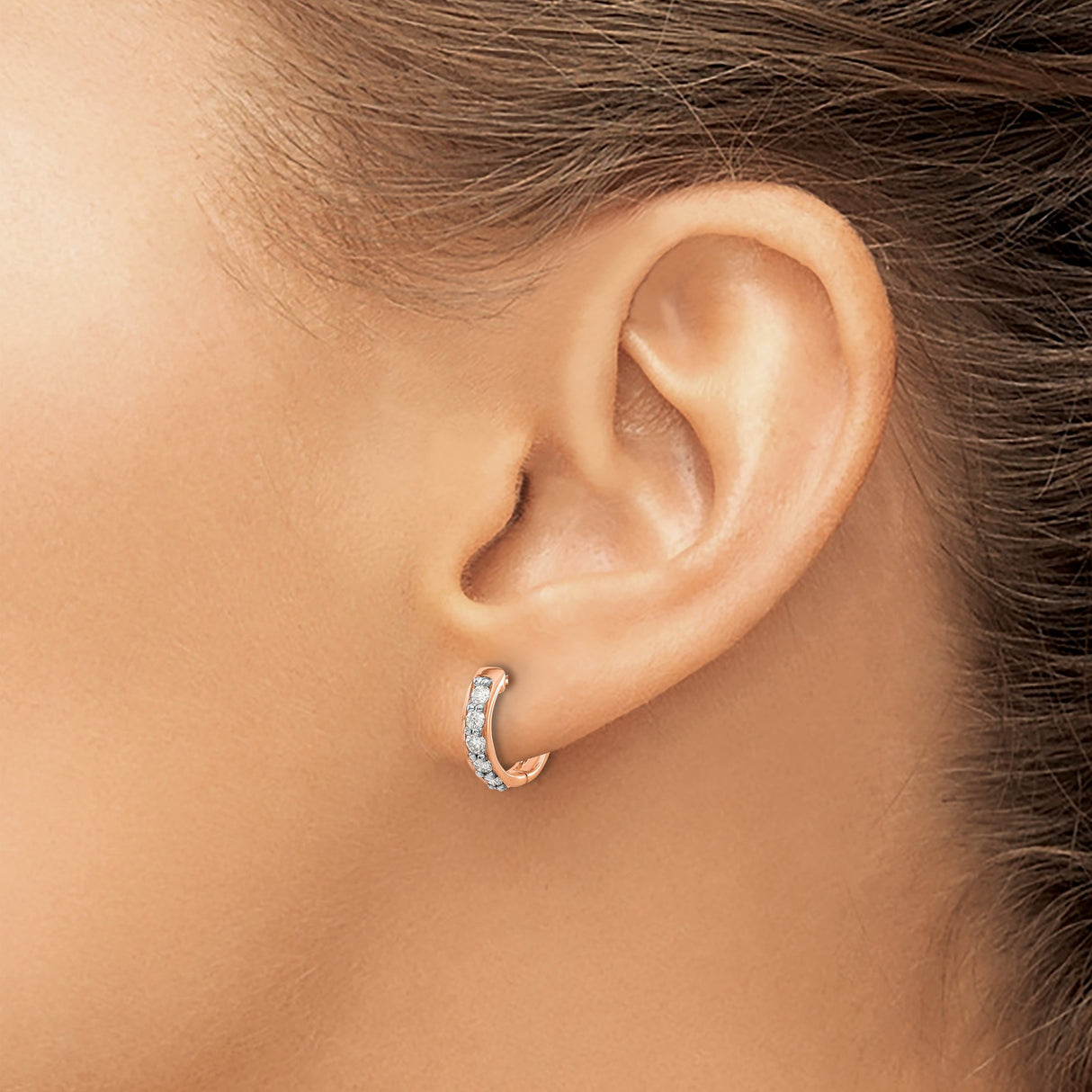 14k Rose Gold Huggie Earrings with Round Cut Diamonds in Channel Setting