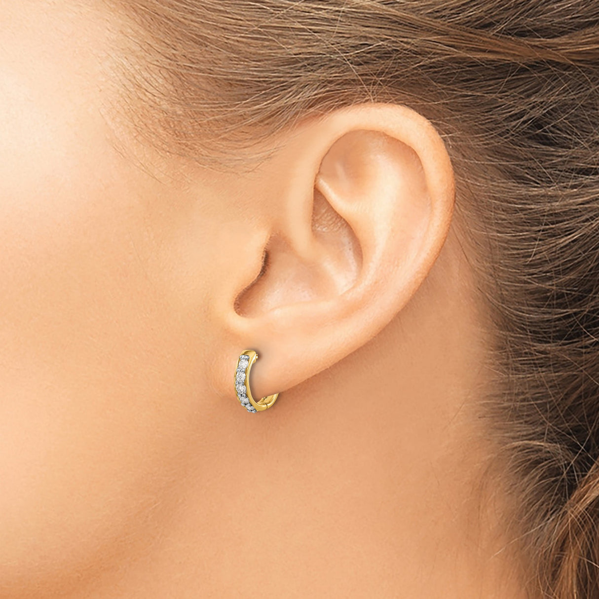 14k Yellow Gold Diamond Huggie Hoop Earrings, Channel-Set Round Cut, Lightweight for Women