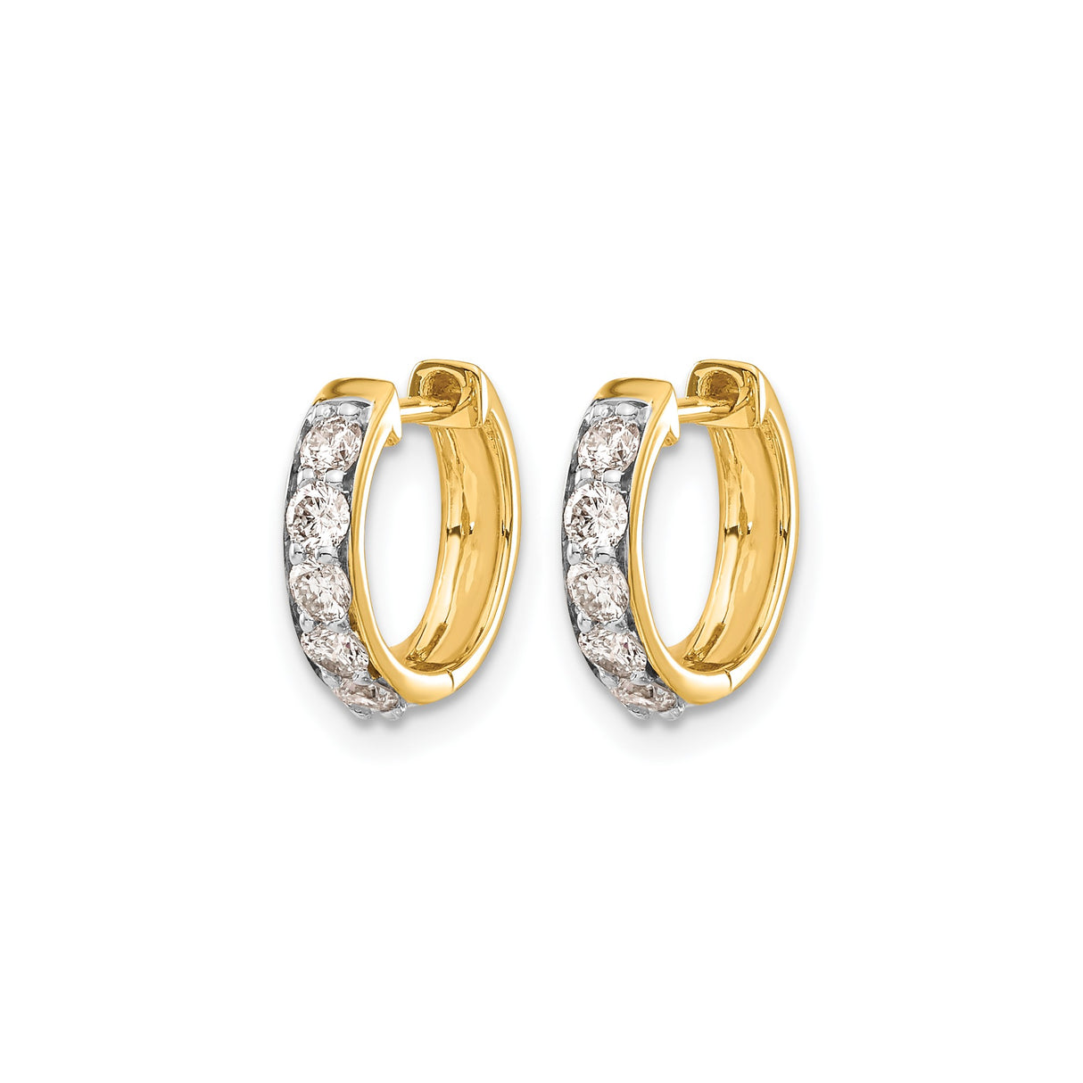 10k Yellow Gold Hoop Earrings with Round White Gemstones, Channel Set, Lightweight Hinged Design