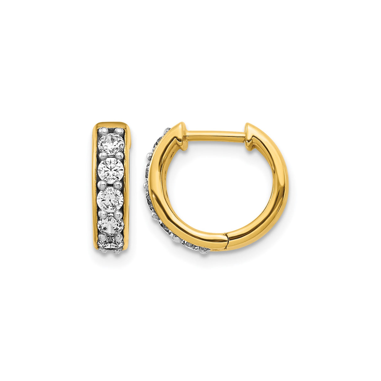 10k Yellow Gold Hoop Earrings with Round White Gemstones, Channel Set, Lightweight Hinged Design