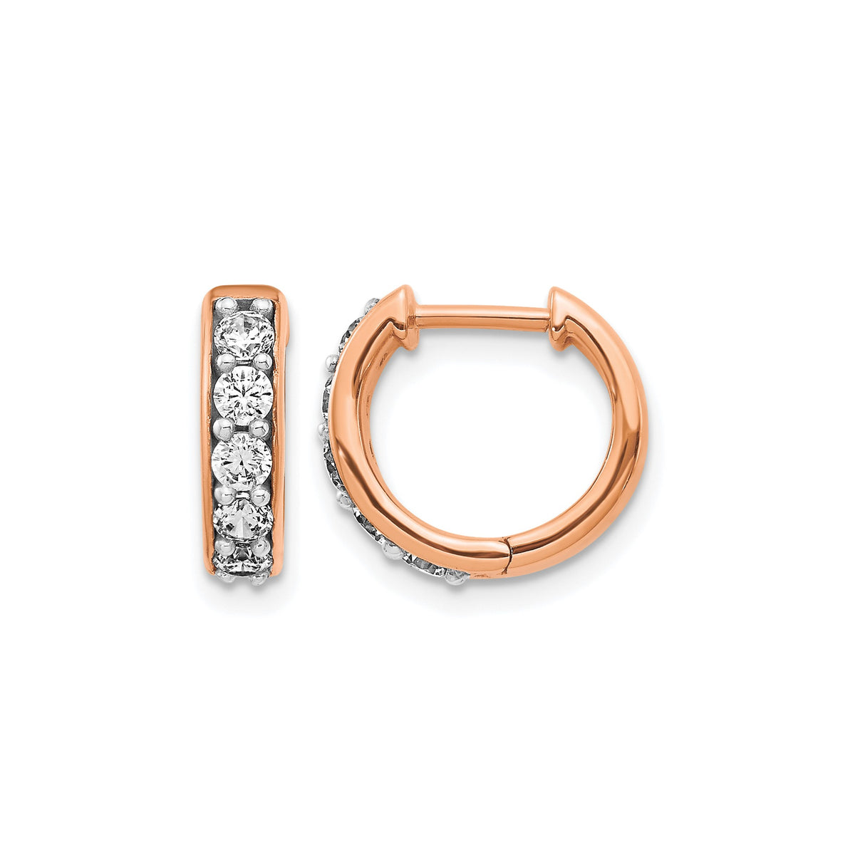 14k Rose Gold Diamond Huggie Hoop Earrings, Channel Set Round Cut, Minimalist Style for Women