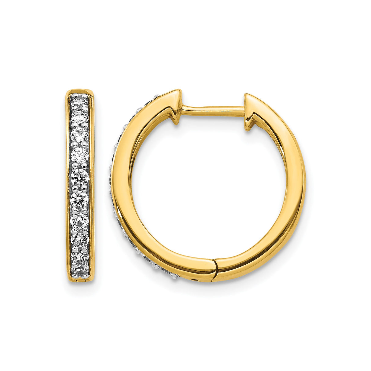 10k Yellow Gold Hoop Earrings with Channel Set Round White Diamonds, Hinged Classic Style