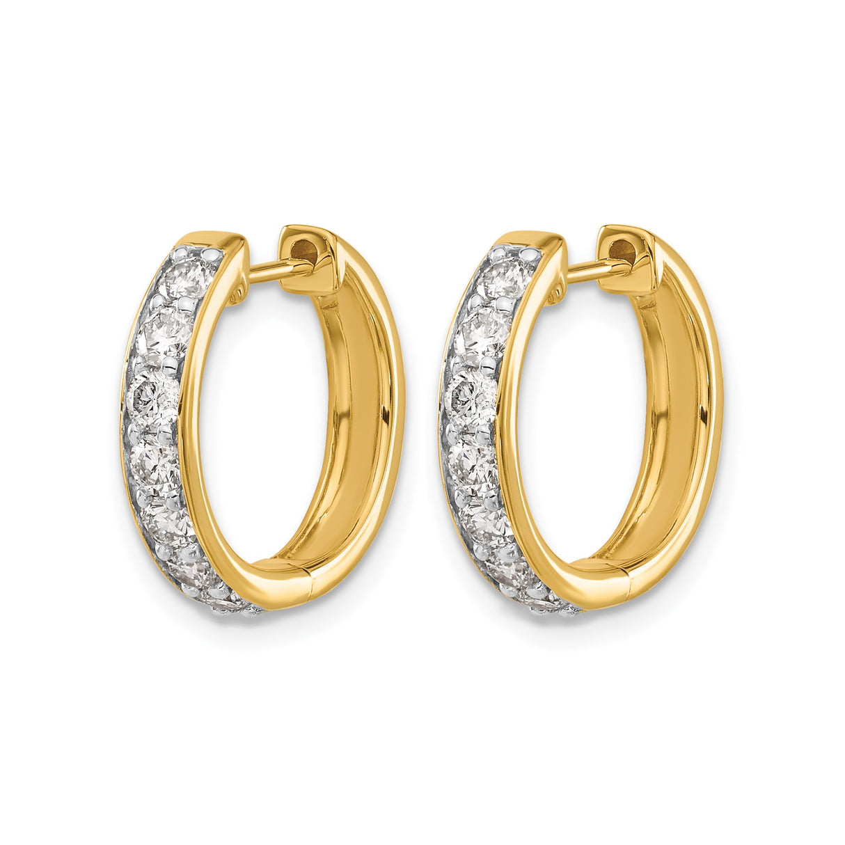 10k Yellow Gold Hoop Earrings with Channel Set Round White Gemstones, Polished Finish