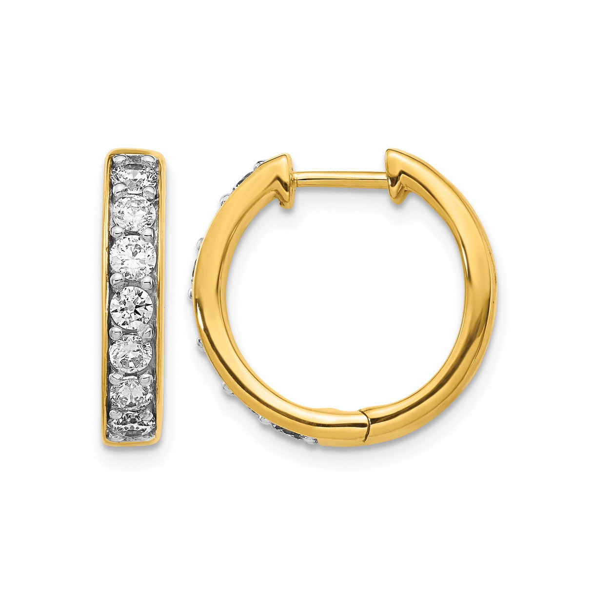 10k Yellow Gold Hoop Earrings with Channel Set Round White Gemstones, Polished Finish