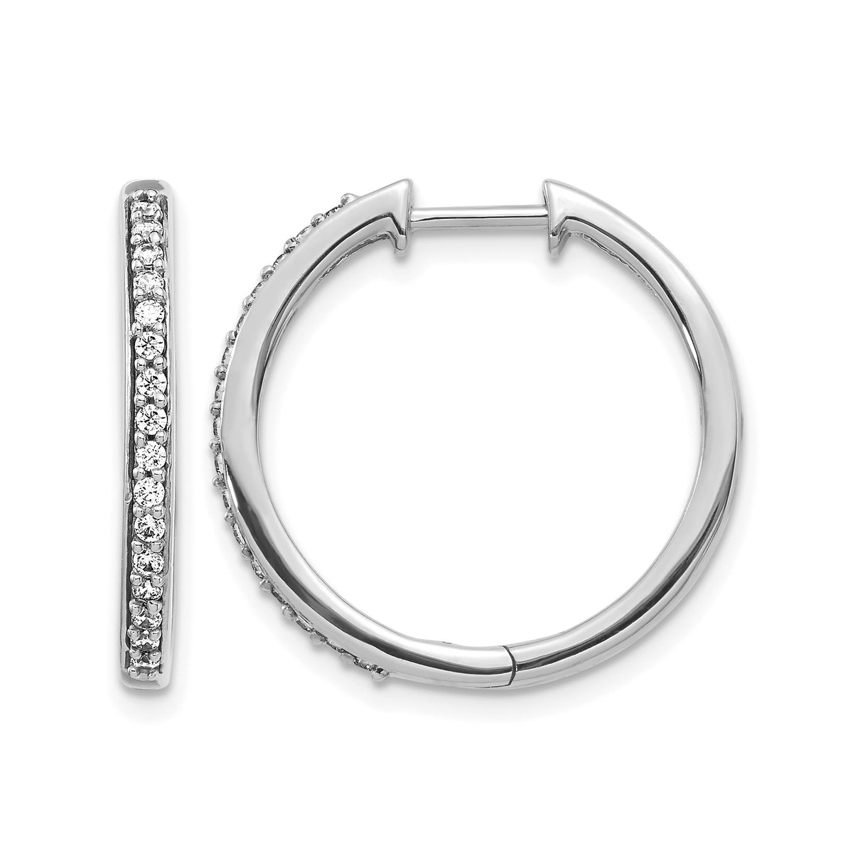 14k White Gold Diamond Hoop Earrings with Hinged Closure, Polished Finish, Modern Style