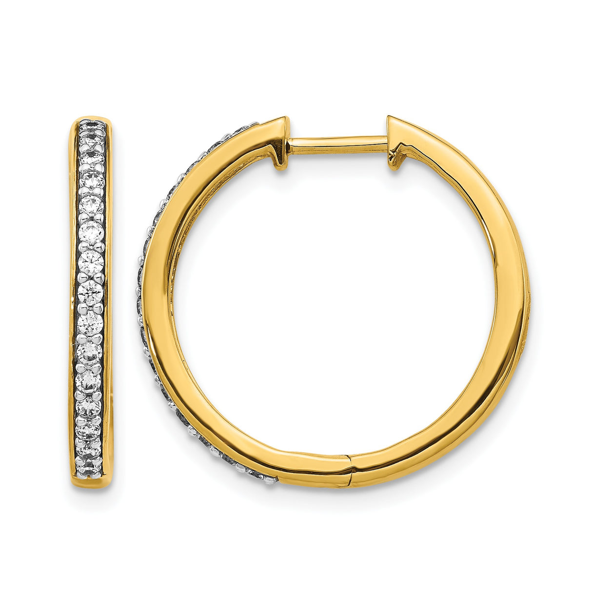 10k Yellow Gold Hoop Earrings with White Cubic Zirconia, Channel Set Medium Fashion Hoops