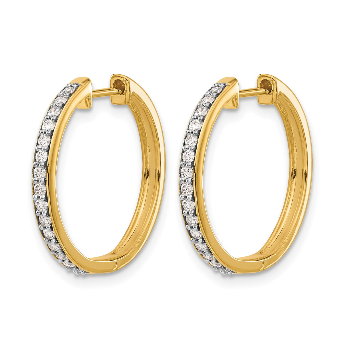 14k Yellow Gold Hoop Earrings with Prong Set Round White Diamonds, Classic Jewelry Design for Women