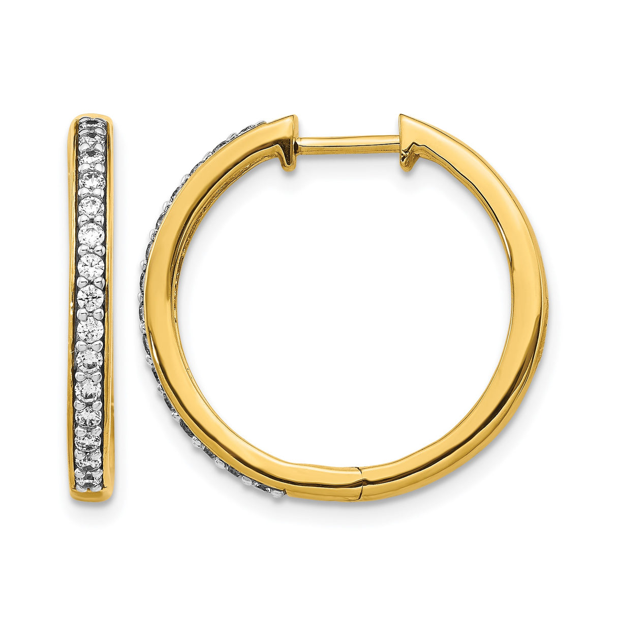 14k Yellow Gold Hoop Earrings with Prong Set Round White Diamonds, Classic Jewelry Design for Women