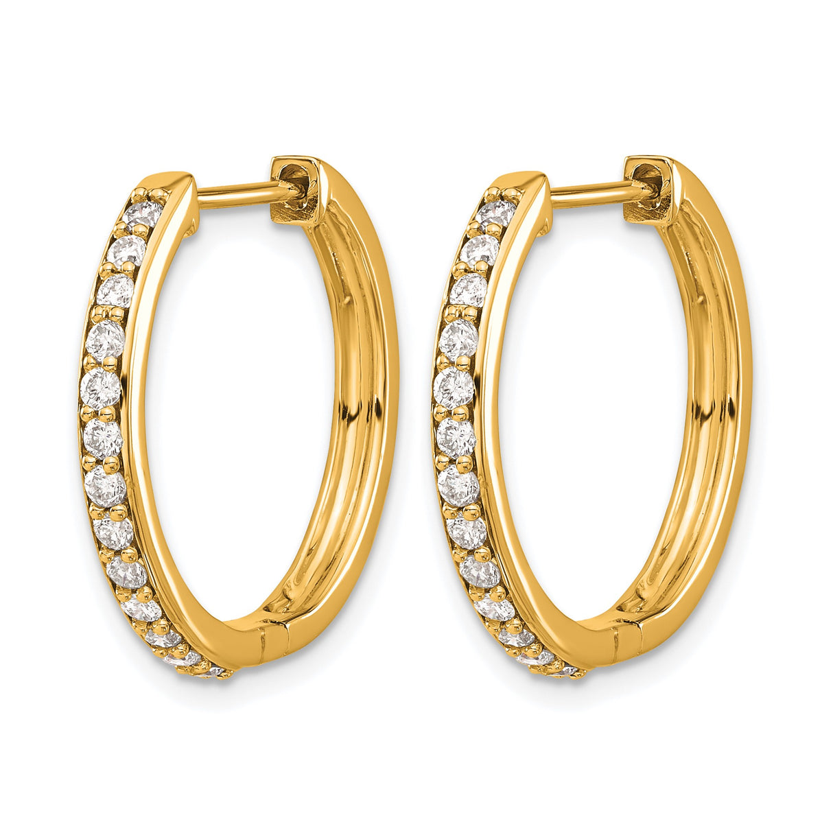 10k Yellow Gold Hoop Earrings with Pave Setting and Round White Stones, Front Facing Hinged Design